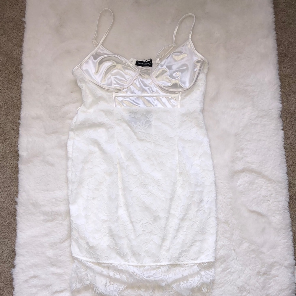 Pretty Little Thing PLT white satin lace body in dress